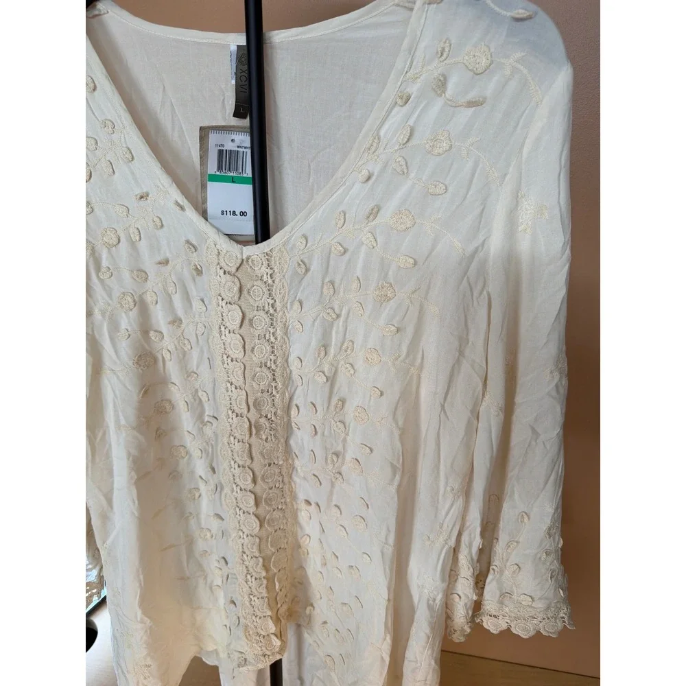 XCVI Womens White Embroidered Crochet Lace Tunic Top V-Neck High-Low 11470 L NEW